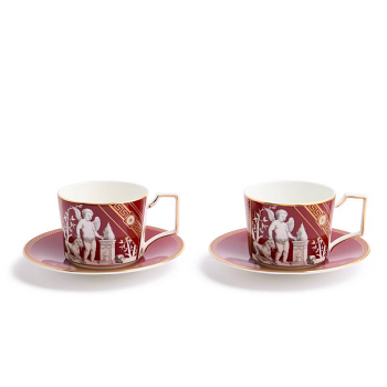 Renaissance Red Tea Set for Two teacups and saucers