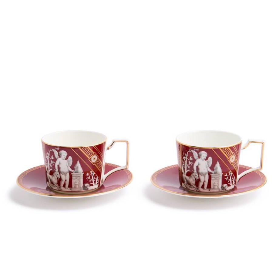 Renaissance Red Tea Set for Two teacups and saucers