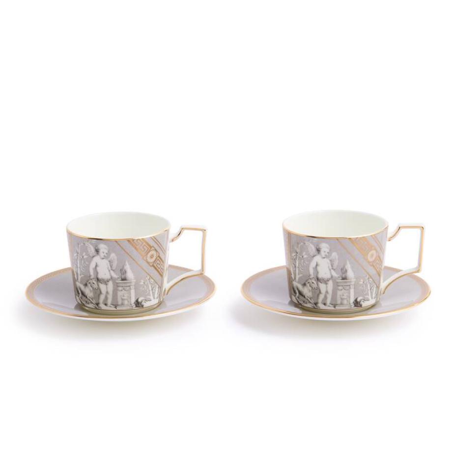 Renaissance Grey Tea for Two teacups and saucers